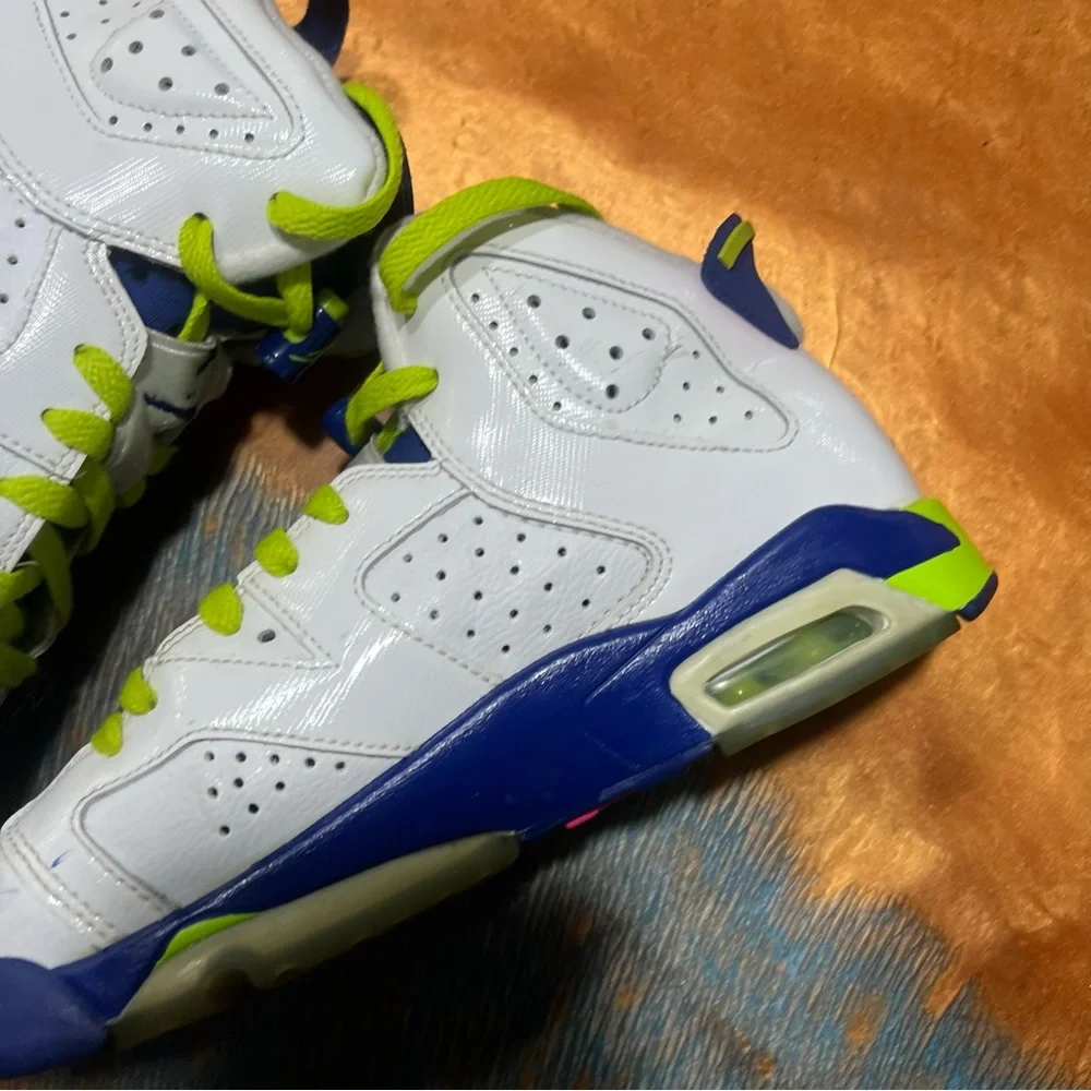 Jordan 6 Retro Fierce Green Basketball Athletic Shoes White Blue Size 6Y